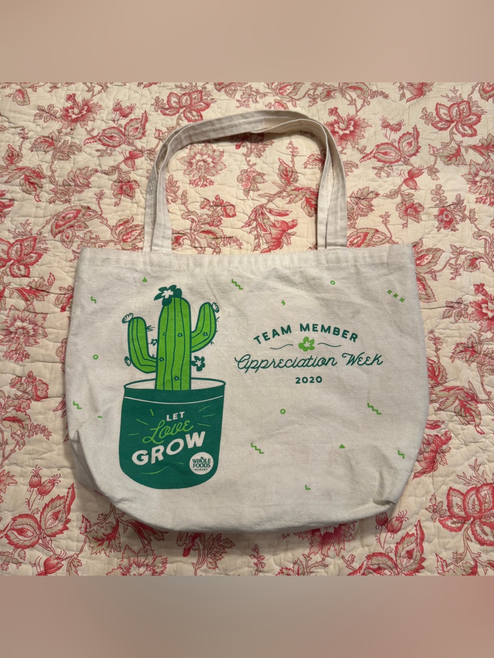 Whole Foods 2020 Tote Bag with Green Cactus Print - "Let Love Grow"
